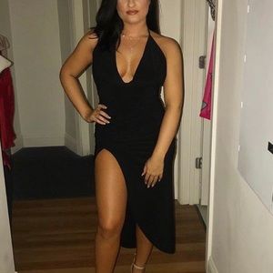 Plunge V-Neck Open Back Black Dress